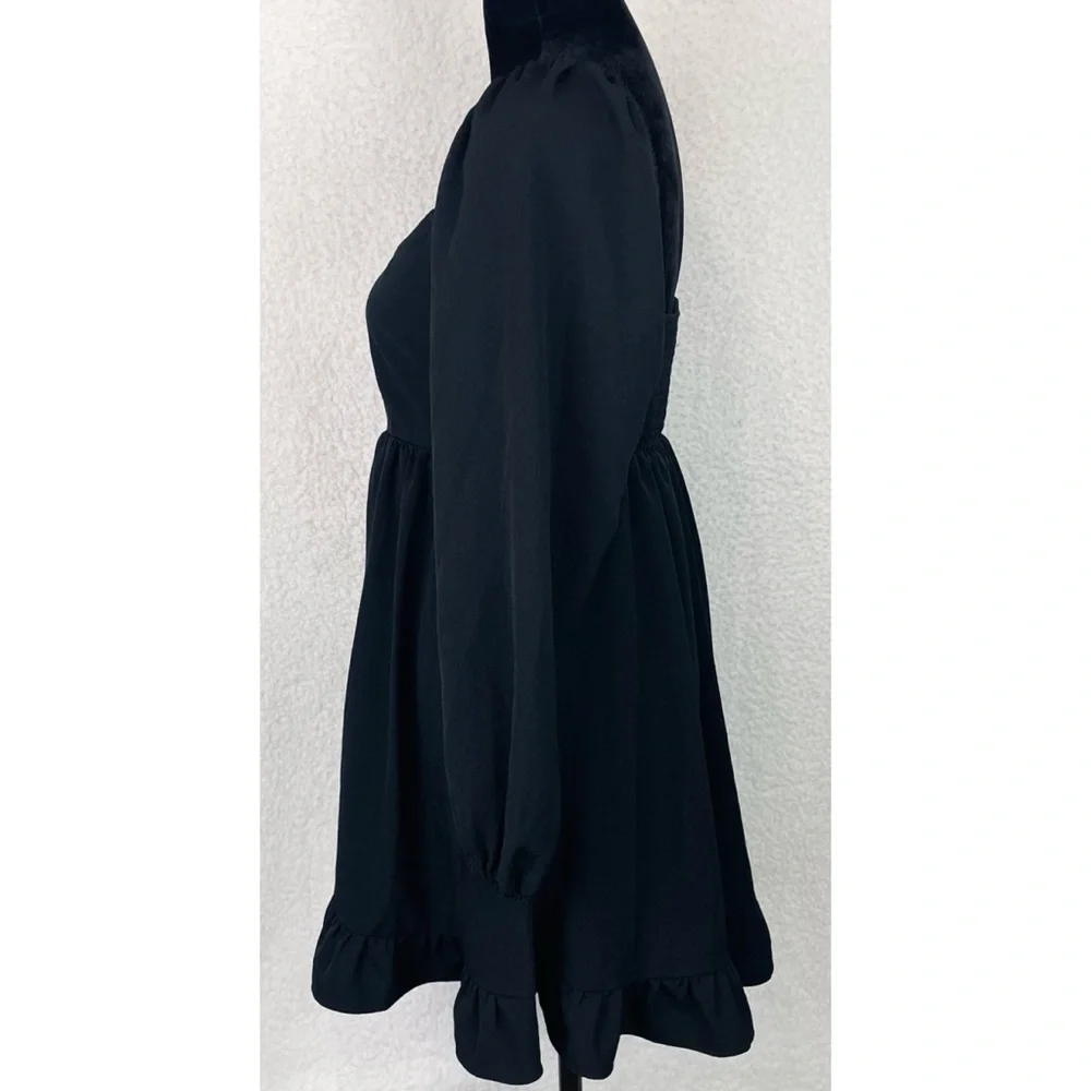 ABERCROMBIE & FITCH • Black Ruffle-Trim Long Sleeve Babydoll Mini Dress, SP - Picture 8 of 16